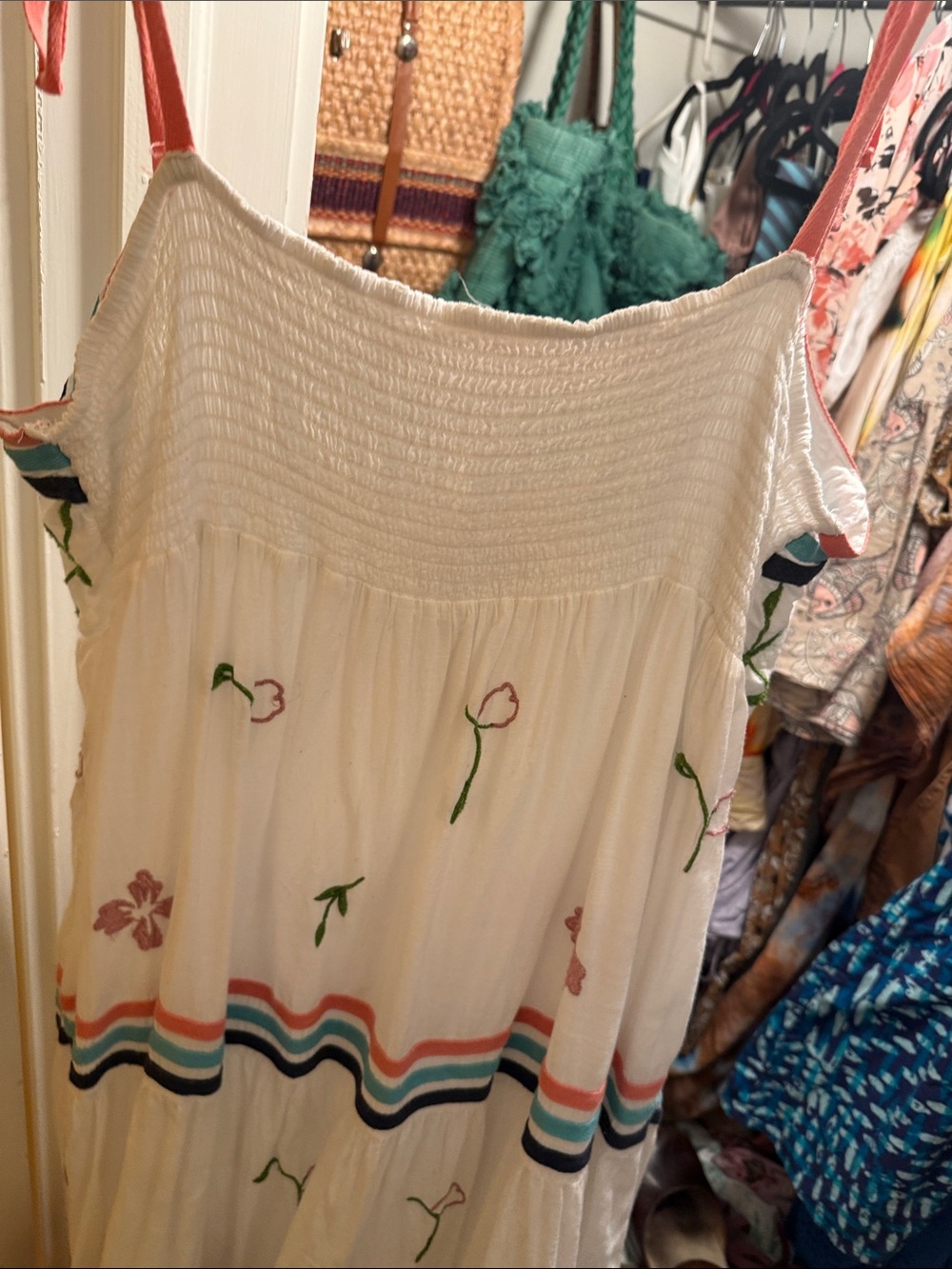 Anthropologie White Floral Maxi Dress with Pink and Blue Accents - Picture 5 of 6